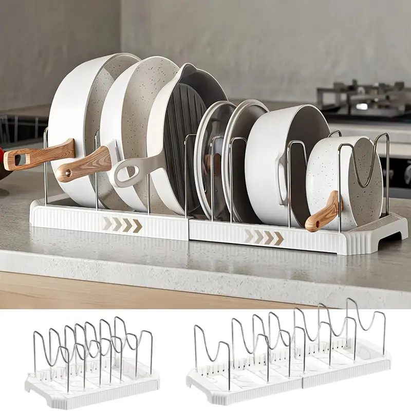 Under-Cabinet Expandable Pot and Pan Organizer, Adjustable Lid Holder Rack Fits Thick Skillets, Space-Saving Kitchen Storage Solution for Cookware, Bakeware