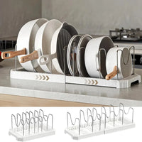 Under-Cabinet Expandable Pot and Pan Organizer, Adjustable Lid Holder Rack Fits Thick Skillets, Space-Saving Kitchen Storage Solution for Cookware, Bakeware