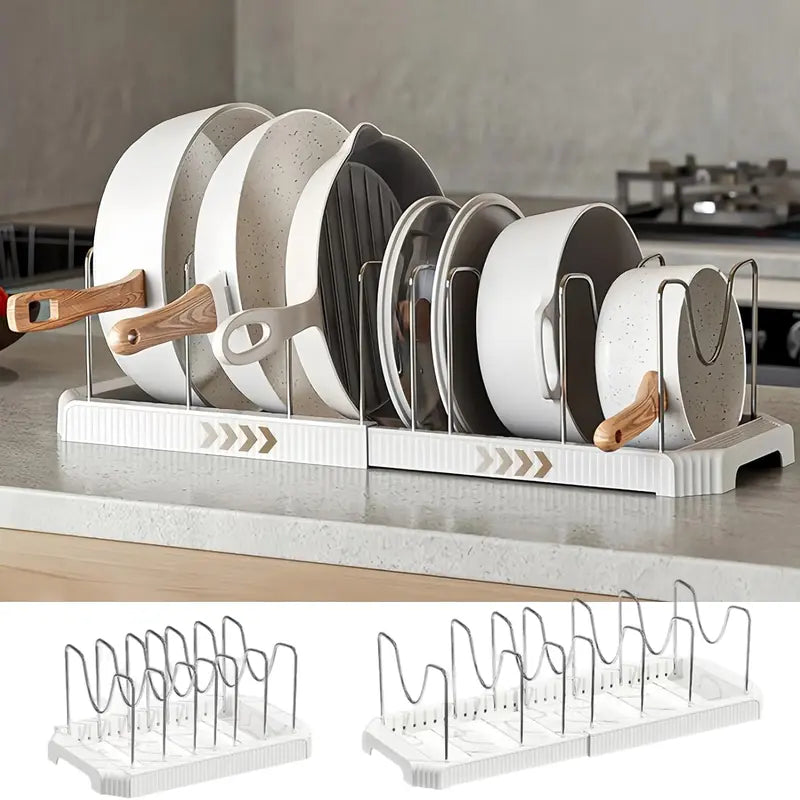 Under-Cabinet Expandable Pot and Pan Organizer, Adjustable Lid Holder Rack Fits Thick Skillets, Space-Saving Kitchen Storage Solution for Cookware, Bakeware