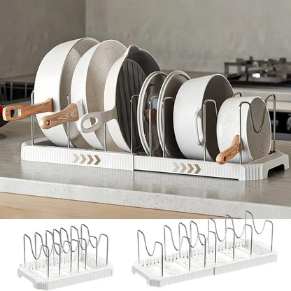 Under-Cabinet Expandable Pot and Pan Organizer, Adjustable Lid Holder Rack Fits Thick Skillets, Space-Saving Kitchen Storage Solution for Cookware, Bakeware