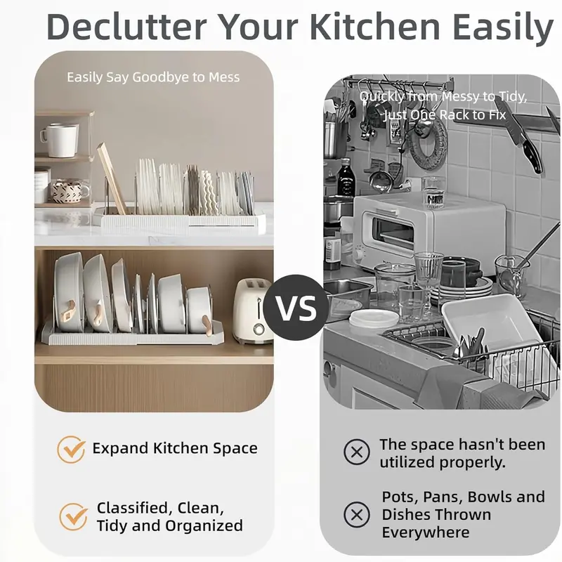 Under-Cabinet Expandable Pot and Pan Organizer, Adjustable Lid Holder Rack Fits Thick Skillets, Space-Saving Kitchen Storage Solution for Cookware, Bakeware