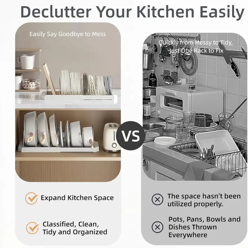 Under-Cabinet Expandable Pot and Pan Organizer, Adjustable Lid Holder Rack Fits Thick Skillets, Space-Saving Kitchen Storage Solution for Cookware, Bakeware
