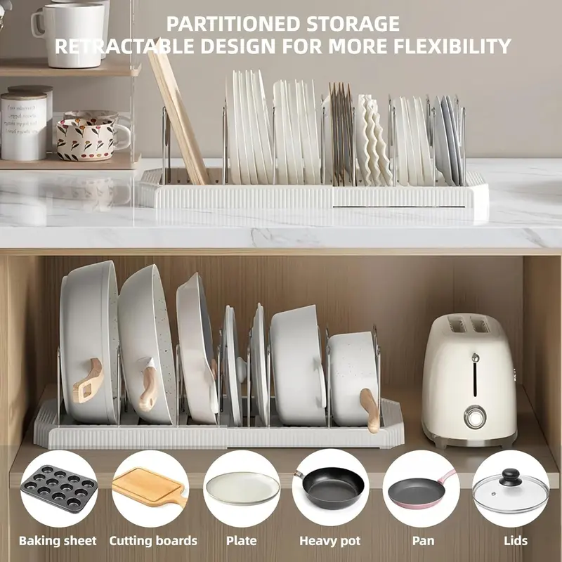 Under-Cabinet Expandable Pot and Pan Organizer, Adjustable Lid Holder Rack Fits Thick Skillets, Space-Saving Kitchen Storage Solution for Cookware, Bakeware