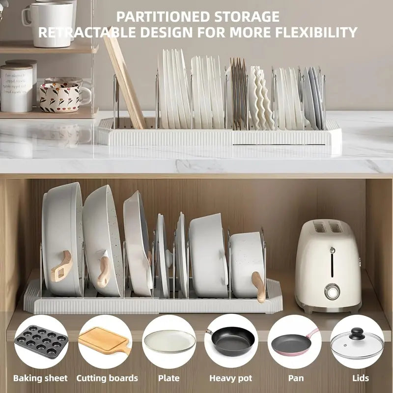 Under-Cabinet Expandable Pot and Pan Organizer, Adjustable Lid Holder Rack Fits Thick Skillets, Space-Saving Kitchen Storage Solution for Cookware, Bakeware