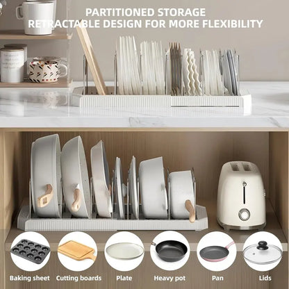 Under-Cabinet Expandable Pot and Pan Organizer, Adjustable Lid Holder Rack Fits Thick Skillets, Space-Saving Kitchen Storage Solution for Cookware, Bakeware