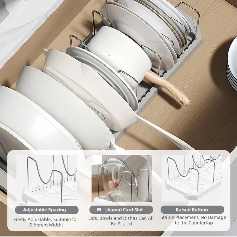 Under-Cabinet Expandable Pot and Pan Organizer, Adjustable Lid Holder Rack Fits Thick Skillets, Space-Saving Kitchen Storage Solution for Cookware, Bakeware