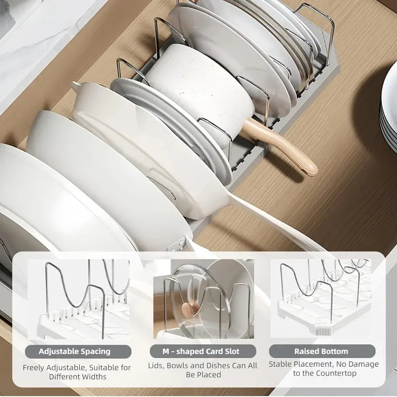 Under-Cabinet Expandable Pot and Pan Organizer, Adjustable Lid Holder Rack Fits Thick Skillets, Space-Saving Kitchen Storage Solution for Cookware, Bakeware