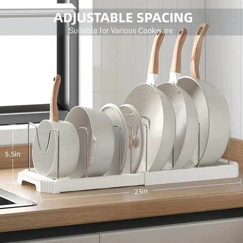Under-Cabinet Expandable Pot and Pan Organizer, Adjustable Lid Holder Rack Fits Thick Skillets, Space-Saving Kitchen Storage Solution for Cookware, Bakeware